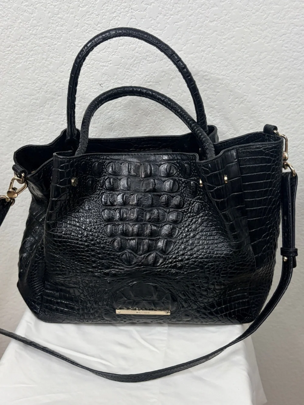 BRAHMIN Small Mallory Black Melbourne Croc-Embossed Leather Tote Bag Purse